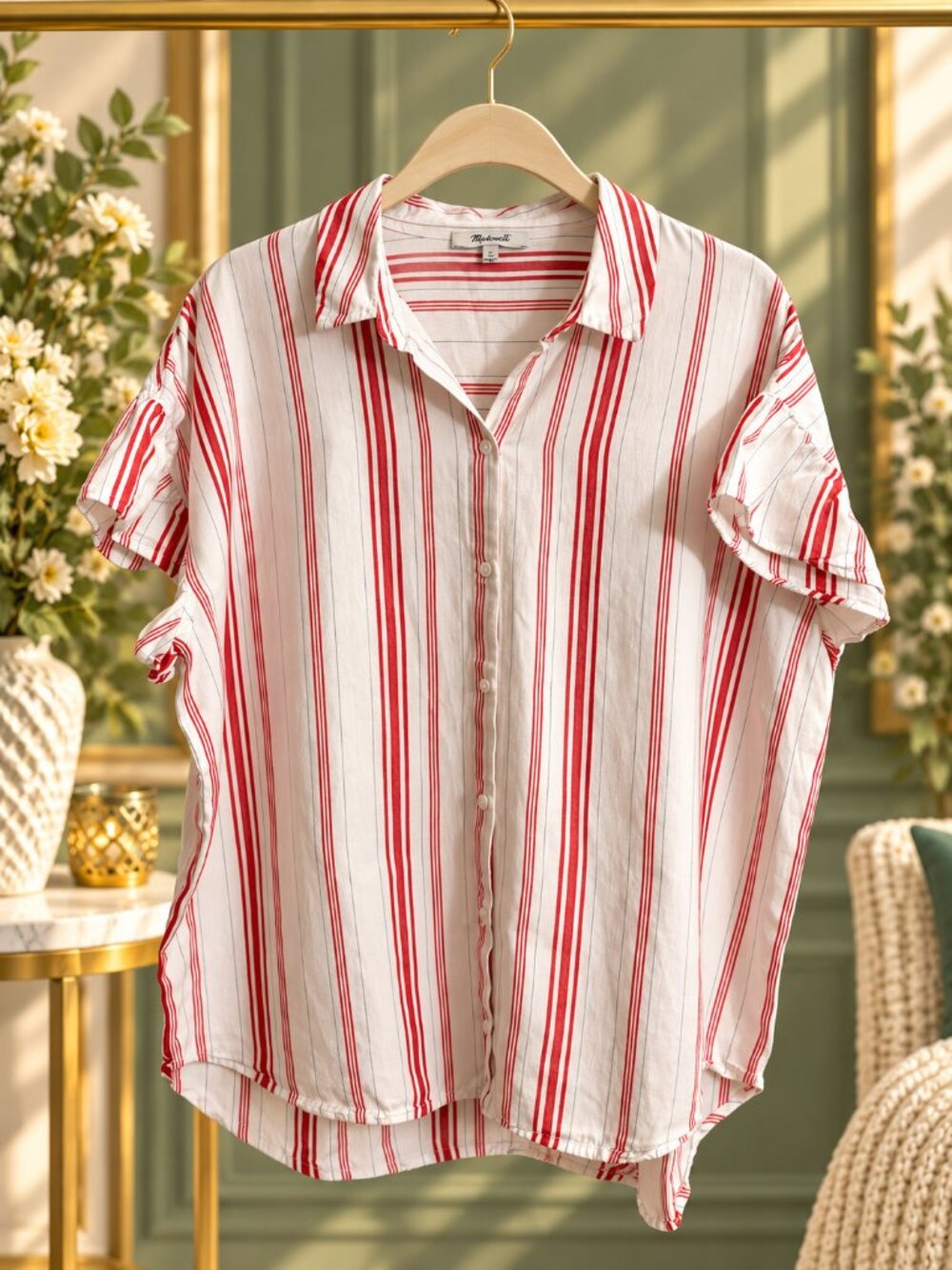 Madewell Central Ruffle-Sleeve Shirt Carey Stripe Red White Size L